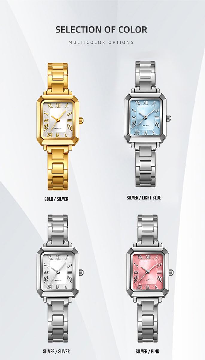 BESTKANG Women's Small Wrist Watch Rectangular Quartz Watch Classic Roman Numeral Dial 30M Waterproof Stainless Steel Band Wristwatch