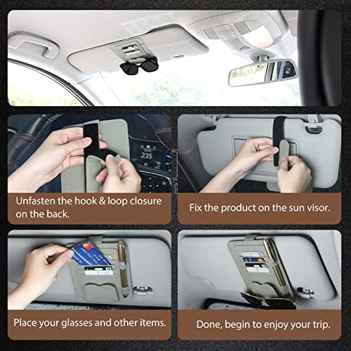 Rhino Valley Car Sun Visor Organizer, Universal Car Eyeglasses Holder Clip with Storage Pockets, Leather Auto Visor Case Interior Accessories for Storing Sunglasses Card Pen Invoice, Dark Gray