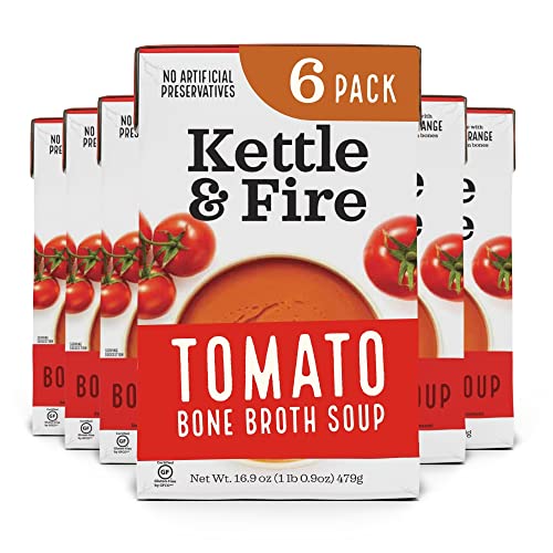 Kettle and Fire Tomato Soup with Chicken Bone Broth, Paleo Diet, Gluten Free, High in Protein and Collagen, 6 Pack