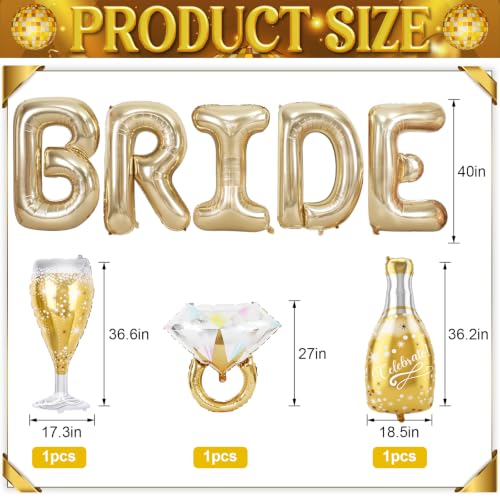 Image of 40inch Bride Balloons Light Gold Letters Banner, Bachelorette Party Decoration Set with Diamond Ring Champagne Bottle Balloon Glass Foil Balloon for Bachelorette Engagement Wedding Bridal Shower Decor