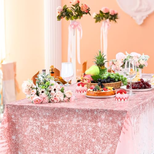 Image of Ganeen 3 Pcs Rose Gold Tablecloths Glitter Diamond Disposable Plastic Table Cover Sequin Printed Rectangle Tablecloths for Girl Women Birthday Wedding Party Decor Supplies, 54 x 108 Inch