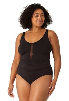 Anne Cole Plus Size Plunge Mesh Insert One-Piece Black 18W Anne Cole Plus Size Plunge Mesh Insert One-Piece Black 18W