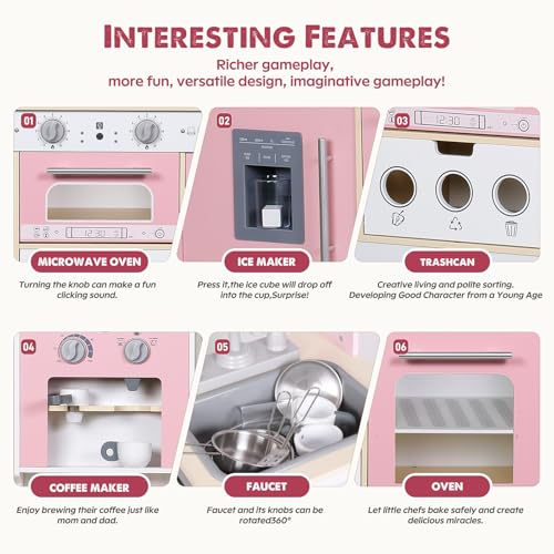 EDUBEBO Kids Kitchen playset, Wooden Play Kitchen, Height Adjustable, Comes with Various Kitchen Accessories, Ideal Role Play Toy Gift for Toddlers and Kids Ages 3-8 (Pink) - Thumbnail 6