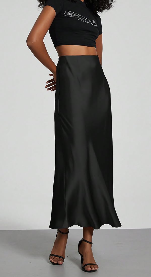Jupe Longue Femme Jupe Satin Taille Haute Elastique Robe Femme Robe Satin Ligne A Couleur Unie Casual Chic Élégante Soirée