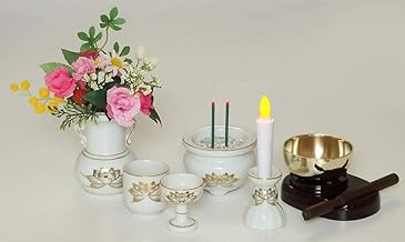 Hualien Ceramic Buddhist Tools Made in Japan, 5 Pieces, Timer Operated LED Combination ◇ Light Waving LED Candle, LED Incense, Buddha Flower, 3A Natural Crystal Crush, Auto-Off for 10 Minutes, Uses