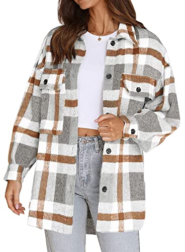 Beaully Women s Brushed Plaid Shirts Long Sleeve Flannel Lapel Button Down Pocketed Shacket Jacket Coats 6017 Khaki Large