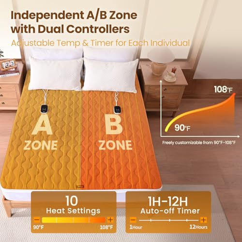 Image of Bearhug Heated Mattress Pad Queen Size 60 inchx80 inch with Zippered Detachable Cover, Dual Control Electric Bed Warmer Machine Washable with 10 Heat Settings & 12H Auto Off Winter Essentials