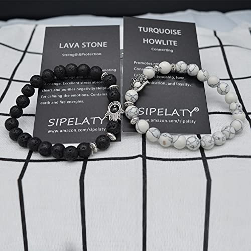 KIKILA 2Pcs Set Handmade Elastic 6mm Beads Hamsa Bracelet Natural Stone Evil Eye Hamsa Fatima Hand Charm Beaded Couples Bracelets Kabbalah Bracelet2