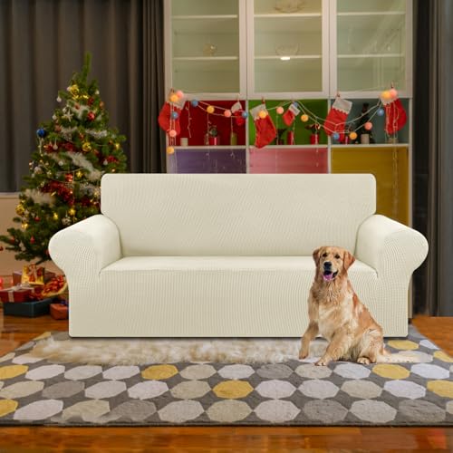 KEKUOU Stretch Loveseat Sofa Cover Slipcover,Couch Covers for 2 Cushion Couch Sofa (55"-78") Furniture Protector Sofa with Elastic Bottom for Kids,Dog. Jacquard Small Checked(Medium,Beige)