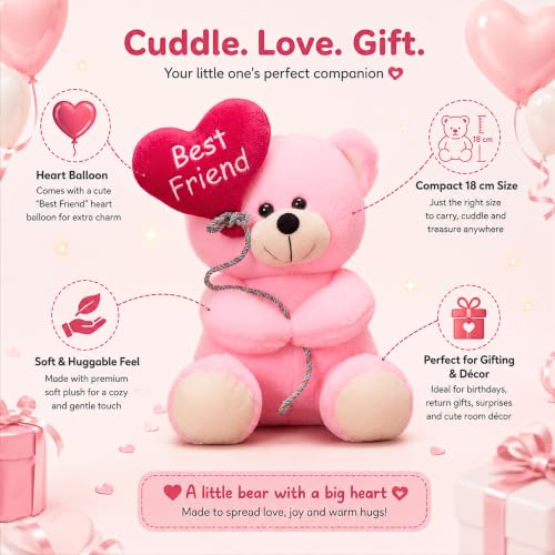 Image of Tickles Cute Teddy Holding Best Friend Heart Balloon Soft Stuffed Plush Toy for Kids Boys & Girls Friendship Birthday Gift (Color: Pink Size: 18 cm)