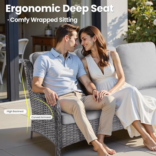 ovios 7 Pieces Patio Furniture Set with Swivel Rocking Chairs, Outdoor Wicker Sofa Couch Glass Coffee Table, All Weather High Back Modern Conversation Set, Grey Rattan, Grey