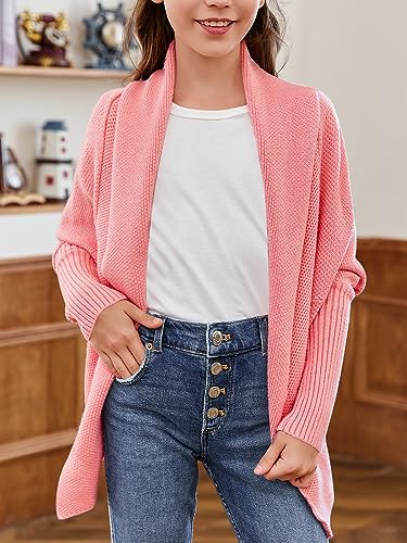 Image of Girls Long Sleeve Open Front Casual Lightweight Soft Knit Cardigan Sweater Outerwear Pink