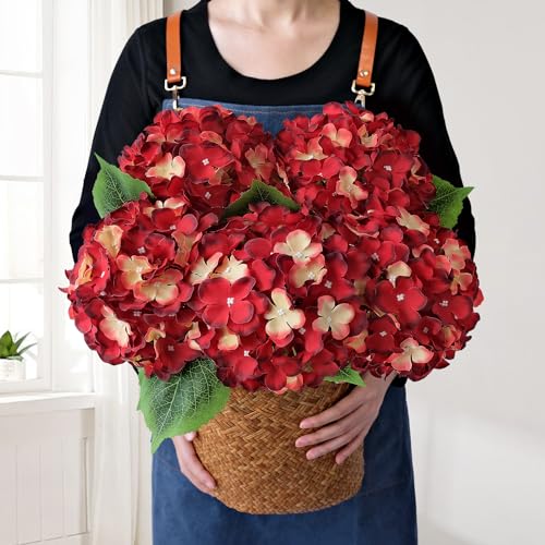 JINWOE 5 ortensie rosse e gialle in seta, grandi fiori realistici, 50 cm, ortensie artificiali per Halloween, Natale, per bouquet da interni, centrotavola, composizioni floreali, casa, matrimoni