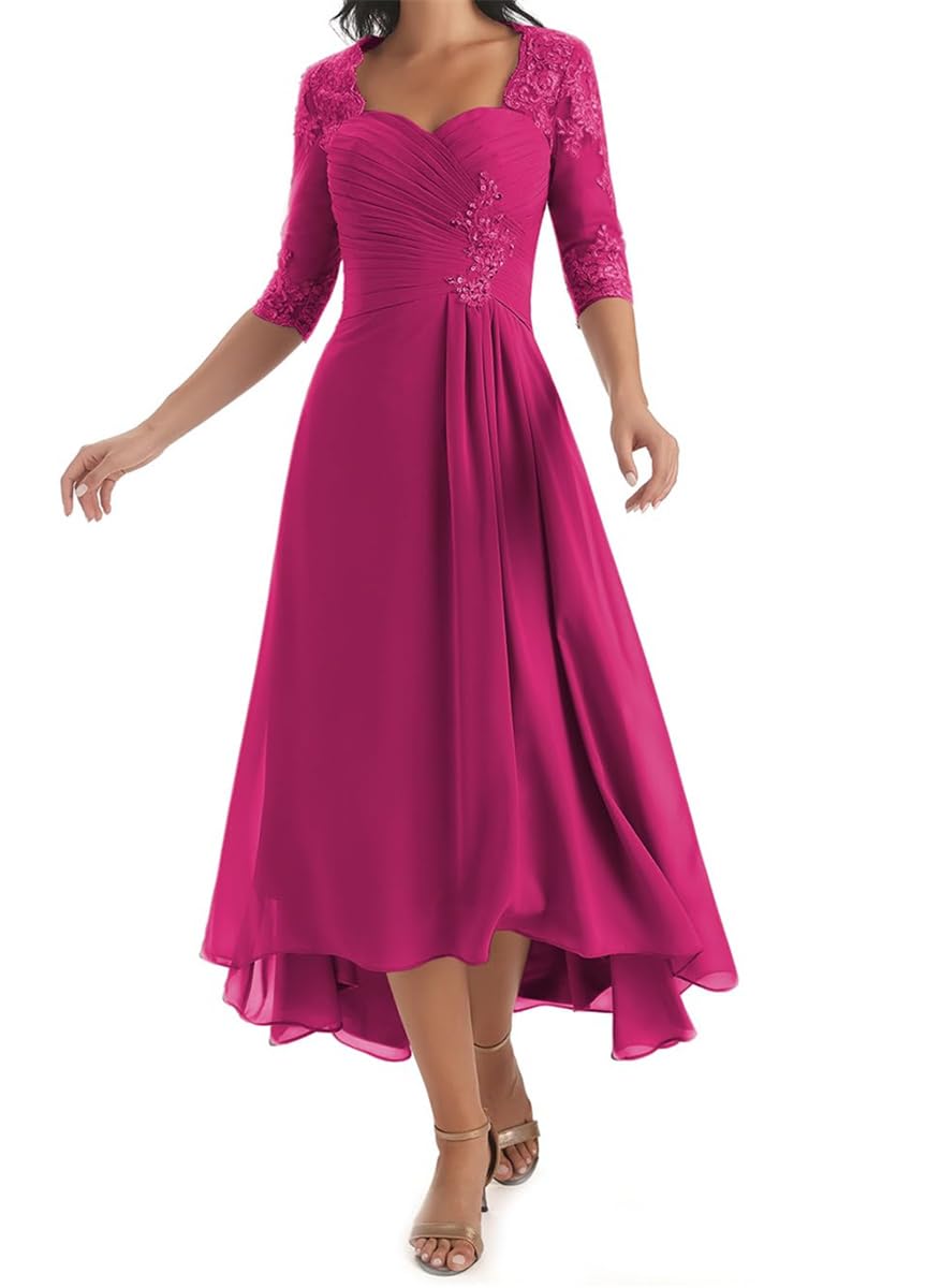 Kiyne Women's Hot Pink Mother Of The Bride Dresses For With Sleeve V Neck Chiffon Formal Dress Tea Length Evening Gown Uk22