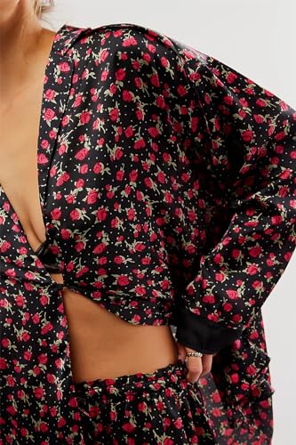 Image of Women Satin Pajama Set Floral Silk Pajamas 2 Piece Lounge Sets Button Down Shirts Wide Leg Pants Pjs Sleepwear