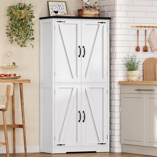 Image of TEENFON 58.5 inch H Storage Cabinet, Farmhouse Kitchen Pantry Cabinet with 4 Doors