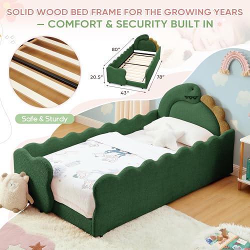 Image of Twin Size Kids Floor Bed Frame, Upholstered Montessori Platform Bed Cute Dinosaur-Shaped Daybed Frame for Girls Boys, No Box Spring Required, Green