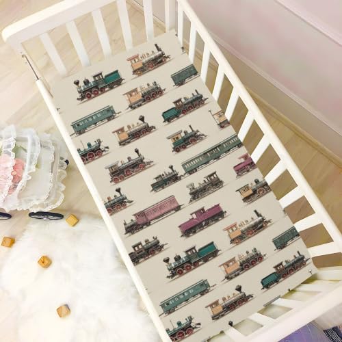 Image of Vintage Trains Beige Crib Sheets Soft Breathable Fitted Baby Crib Sheets Mattress Cover for Girls Boys, 52 inch x 28 inch x 9 inch