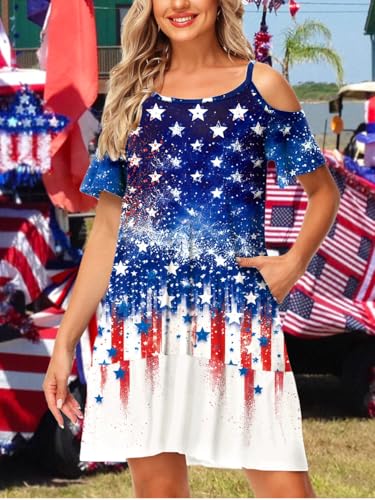 Image of Deerose Womens 4th of July Dresses Cold Shoulder American Flag Tie Dye A-Line Dress with Pockets