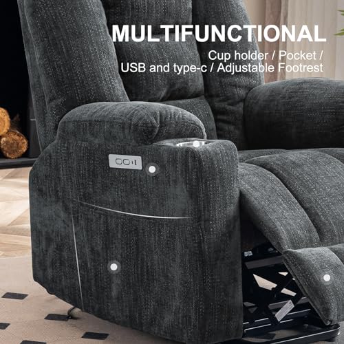 SENYUN Electric Power Lift Recliner Chair with Heat & Massage for Elderly, Chenille Fabric Reclining Chairs for Seniors w/2 Metal Cup Holders and USB & Type-C Ports, Chenille Grey Blue