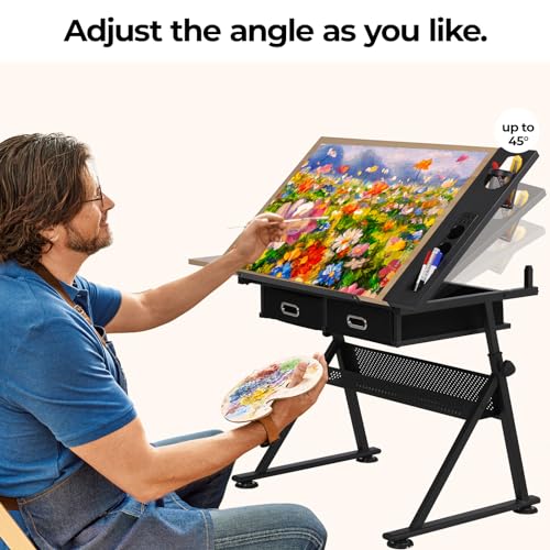 image for Arlopu Height Adjustable Drafting Table with Stool Set, Tilting Tablet