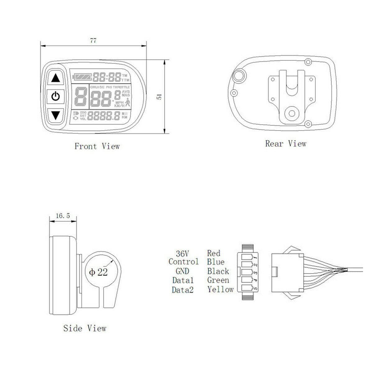 Display KT-LCD5, Impermeabile, Computer Di Bordo, Tachimetro, Display Lcd, Illuminato, Multifunzionale, Spina Julet A 5 Poli, E-Bike, Bici Elettrica, 24V/36V/48V
