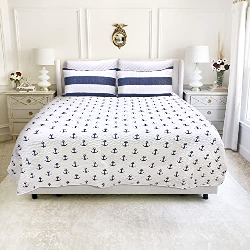James Home Hallie Microfiber Nautical/Coastal 3Pc Reversible Quilt Set, Navy/White Stripe, Full/Queen #TOP5