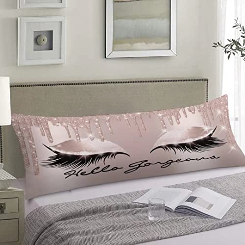 Pink Body Pillow Cover Spark Rose Gold Drips Makeup Lashes Hello Gorgeous Long Pillow Case Protector With Zipper Decorative Soft Large Pillowcase Covers Cushoned For Bed,Couch,Sofa,Home Gifts 20"X54" #TOP2