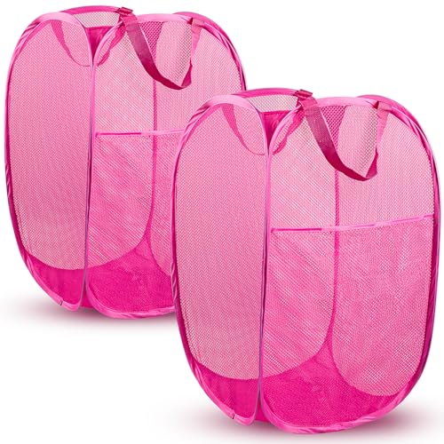Image of DUCOO Pop Up Hamper, 2 PCS Mesh Pop Up Laundry Hamper, Foldable Mesh Laundry Basket with Space Saving Design for Home, Dorm, Travel and Storage, Pink