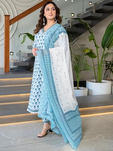 Image of Arayna Women's Pure Cotton Block Printed Ethnic Kurta Set with Palazzo & Dupatta