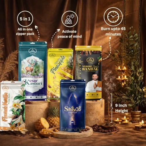 Image of Twohands Agarbatti Combo Pack 5x100g - French Vanilla, Hawaiian Pineapple, Kesar Kasturi, Mysore Sandal & Shivom Temple Divine | Premium Masala Incense Sticks | for Puja, Meditation & Home Fragrance