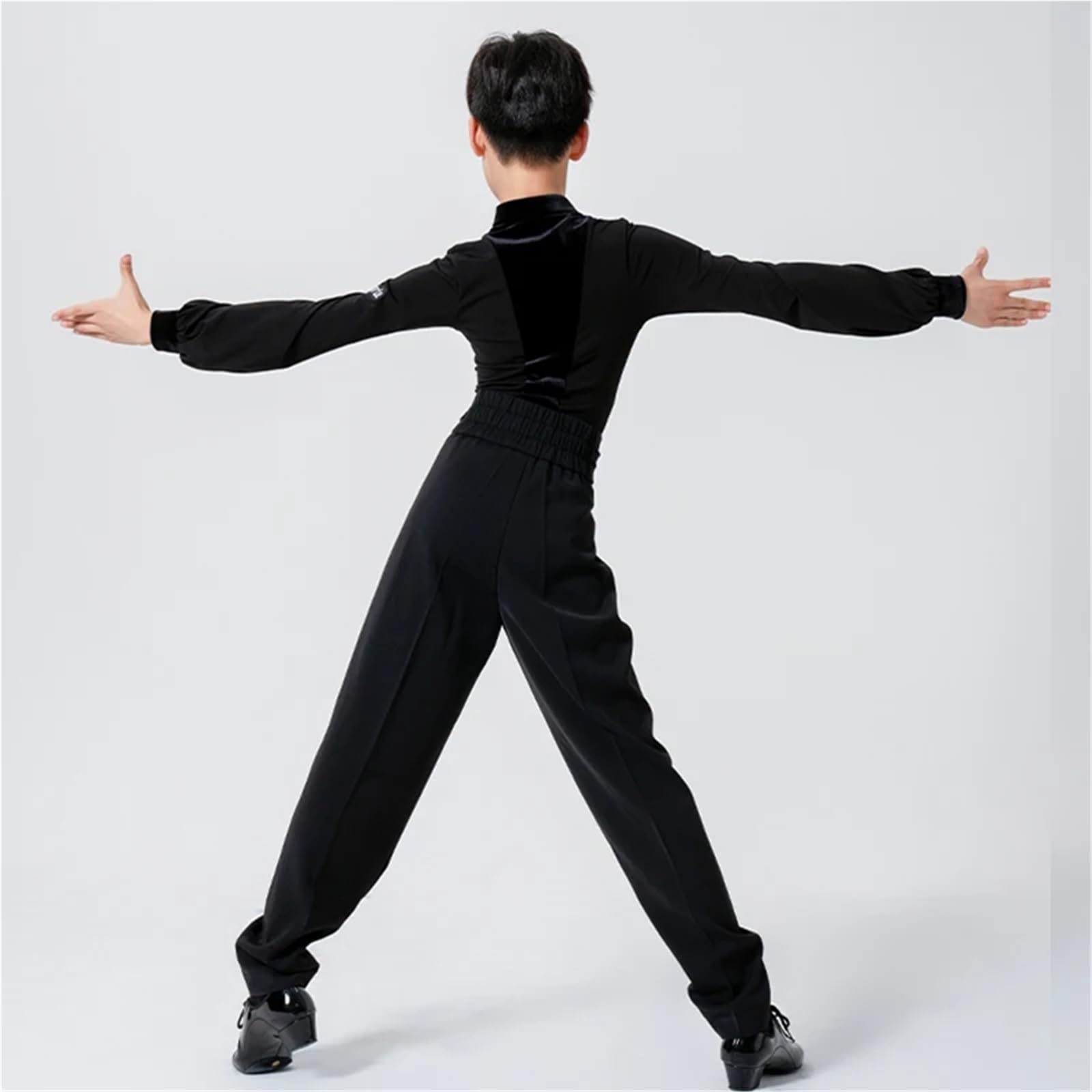 Latin Dance Costume Boy's Black Mesh V-Neck Tops Rumba Samba Practice Set Children's Ballroom Cha Competition Wear para Hombre, Salsa, Jazz, Danza(Black Tops-Pants,XXS)