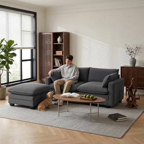 Image of Gizoon 75'' Loveseat with Ottoman for Small Space L Shaped Cloud Coucher with Deep Seats, 2 Seater Love Seat Sofa with Washable Corduroy Cover for Living Room Bedroom, Gray