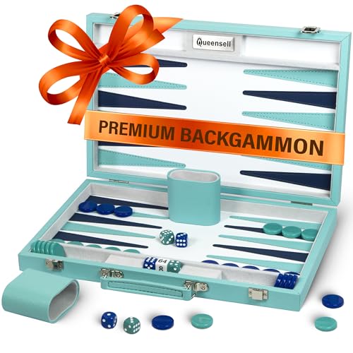 Premium Türkisfarbenes Backgammon-Set für Erwachsene Luxuriöses PU-Leder Brettspiel mit Koffer 32 Acryl-Spielsteinen Würfelbechern und Verdopplungswürfel