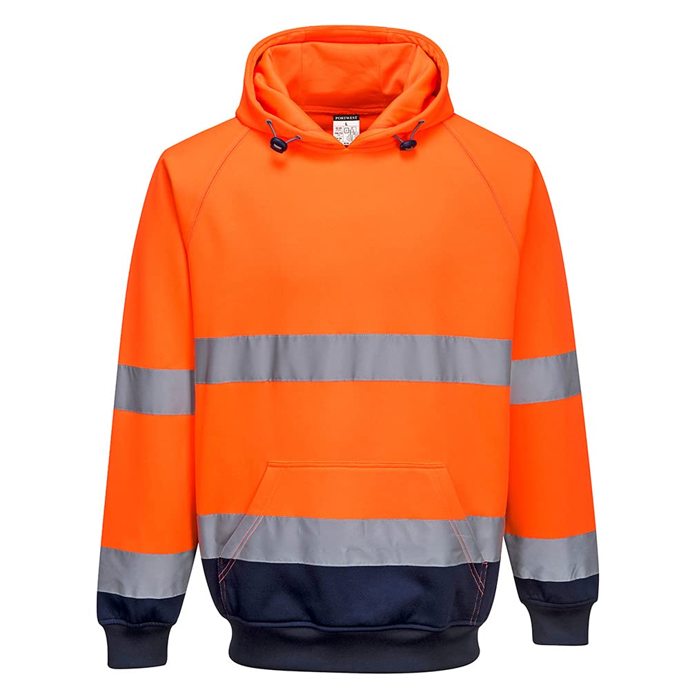 Portwest B316 Hi-Vis Contrast Hoodie ANSI Certified Reflective Workwear Durable Warm 40+ UPF Protection with Kangaroo Pocket for Construction and Rail Use, Orange/Navy, XL
