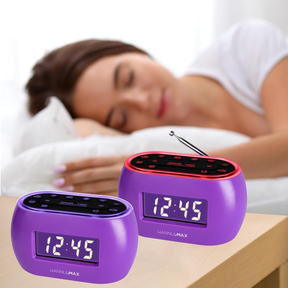 HANNLOMAX HX-161CR Portable PLL FM Radio Alarm Clock, LCD Display with Dimmer Function, 7 Colors RGB Night Light, USB Port for 1A Charging, Telescopic Antenna, AC/DC Operation only. (Purple)