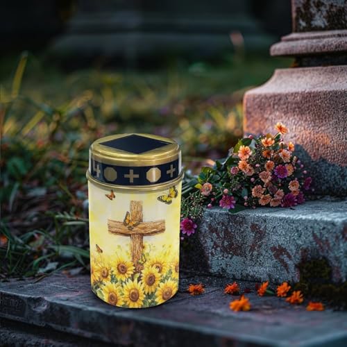 Image of Solar Lights Outdoor Waterproof Cross Sunflower Print Cemetery Garden Lights for Grave Flameless Lamp Candles for Outdoor Decoration