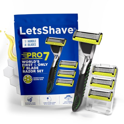 LetsShave Pro 7 Max Razor Value Set for Men (1 Handle + 4 Blades) | World's First & Only 7-Blade Razor for Men | Honeycomb Guard, Open Flow Design & N