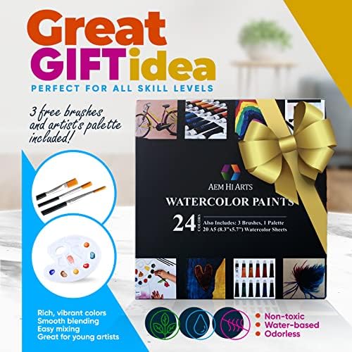 AEM Watercolor Paint Set  Includes 24 Colors (12mL Each), Brushes & Paper  Paint on Paper, Wood, Fabric, Ceramics & More  Great Starter Kit for Kids & Adults, Also Suitable for Professional Artists
