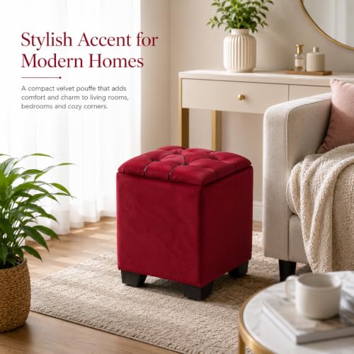 Image of Velvet Cube Ottoman | Seating Stool for Living Room | Soft Cushioned Footrest Stool with Durable Plastic Legs | Multipurpose Seating, Side Table & Pouffe Home Decor, 12x12x14 inch (Maroon)