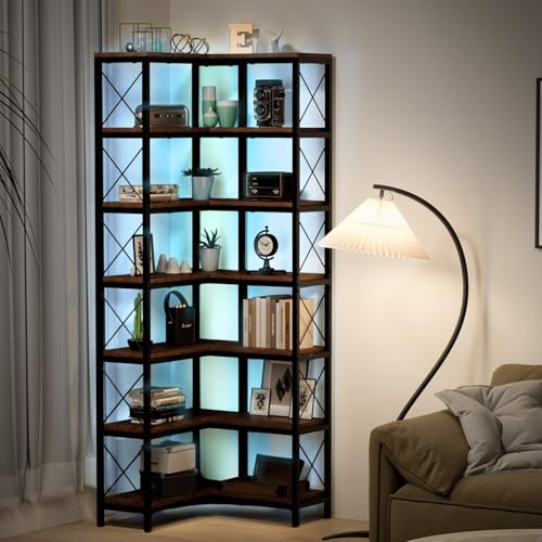 7 Tier Corner Bookshelf with LED Lights, 78.7” High Corner Shelf Storage for Living Room, Study Room, Metal Frame Extra Large Capacity, Flamed Color
