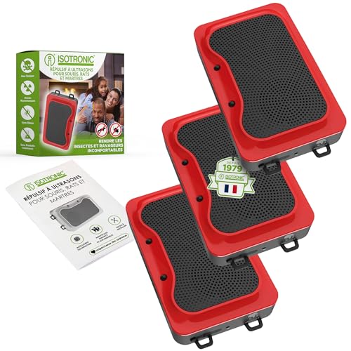 ISOTRONIC Clignotant Anti-martres avec Fonction lumière/LED et ultrasons pour la Maison, Le Garage et Le Grenier – Nouveau : Interrupteur capteur – efface Les Souris, Les Rats