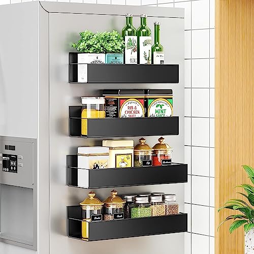 Image of OrganizeMee Movable Kitchen Organizer Storage Spice Magnetic Rack, Decorate Your Fridge,Washing Machine & Microwave Oven with Magnetic Metal Fridge Side Rack 1 Year Warranty: Black Set Of 1