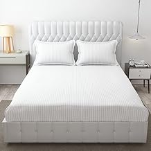 DECOR2ADMIRE 300 TC Glace Cotton Elastic Fitted Plain Stripe Super King Bedsheet with 2 Pillow Covers 108 x 108 Inches or 72" x 78" Fits Up to 12 Inch Mattress (White)