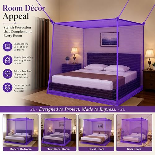 Image of Mosquito Net for King Size Bed & Double Bed (6x7 ft, Wall /Hook Hanging) Poly-Cotton Blend Fabric with Zigzag Wave Line Pattern, Pre-Fitted Bottom & Cotton Ribbon (Frame Not Included-Royal Violet)