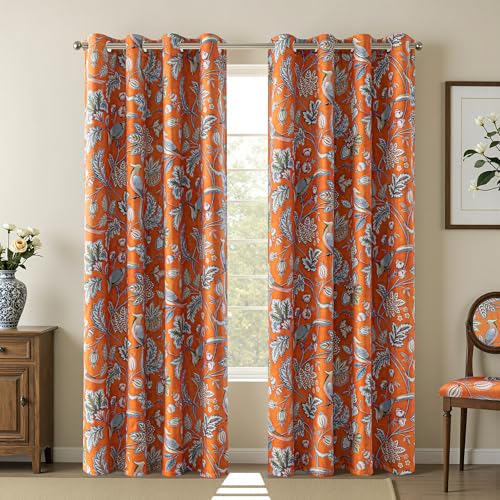 Image of MYSKY HOME Floral Blackout Curtains 84 inch Long for Living Room Darkening Thermal Insulated Vintage Curtains Flower Bird Pattern Printed Grommet Drape for Dining Room Bedroom, 2 Pcs, 52 inch Wide, Orange