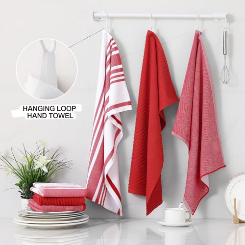 Image of Homaxy Premium Kitchen Towels(18 inchx 28 inch, 3 Pack), Large Cotton 380 GSM Kitchen Hand Towels, Soft and Absorbent Terry Dish Towels, Multipurpose Tea Towel Set with Hanging Loop, Red
