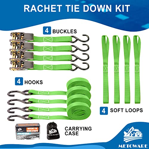 Ratchet Straps Tie Down - 1764Lb Break Strength - 4Pk 1’’ X 15’ Rachet Tie Downs With Padded Handle, Coated S Hook, Soft Loop, Storage Bag For Moving Cargo, Lawn Equipment, Motorcycle (Green) #TOP5