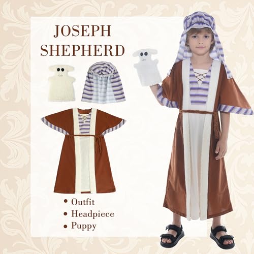 Sincere Party Stripe Shepherd Costume with Puppy for Kids Nativity Xmas Costume Joseph Innkeeper Fancy Dress 4-6 years - Image 2