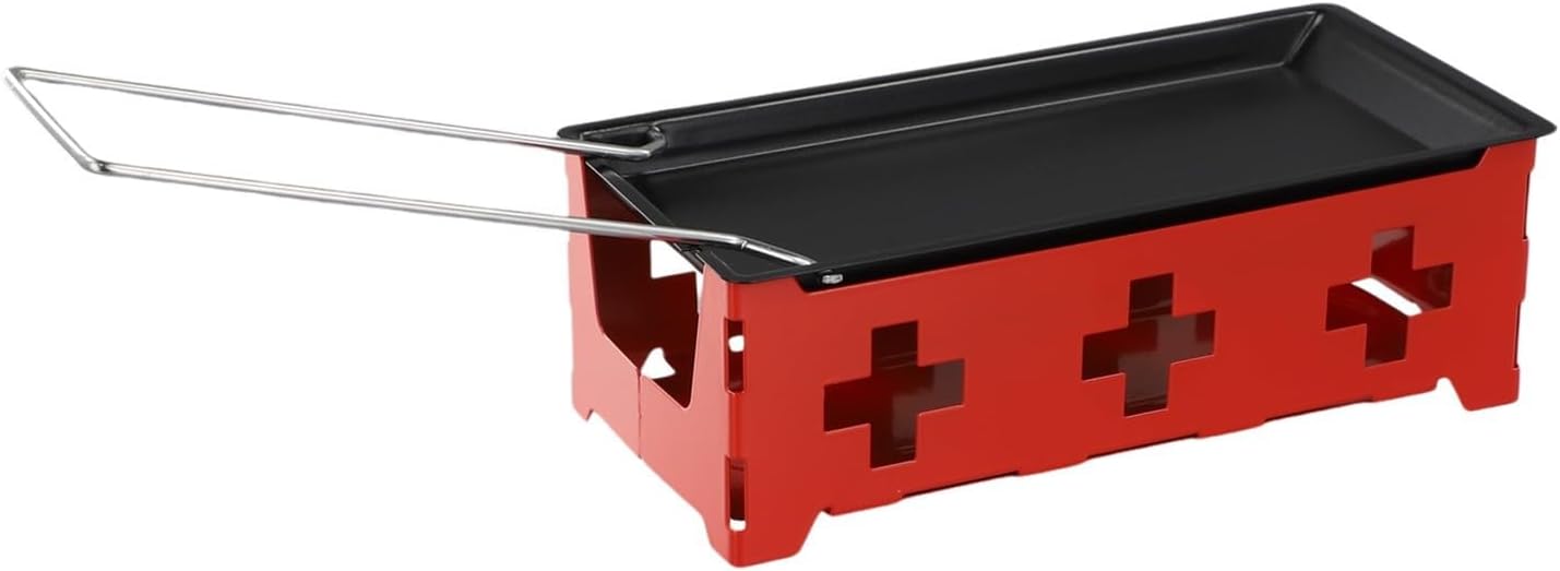 Portable Candlelight Cheese Raclette Set with Non-Stick Carbon Steel Tray and Wood Handle for Home Kitchen Grilling, Red